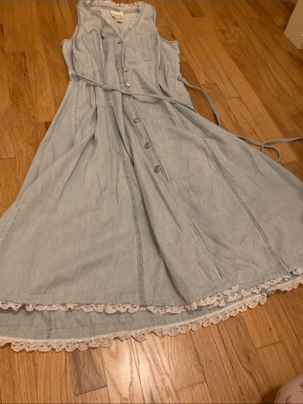 Sleeveless Light Blue Lace-Trim Button Front Denim Dress
